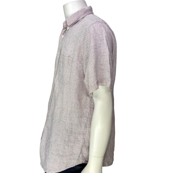 Brooks Brothers 346 Mens Linen Shirt Yellow Pink Check Short Sleeve Size L - Picture 8 of 12